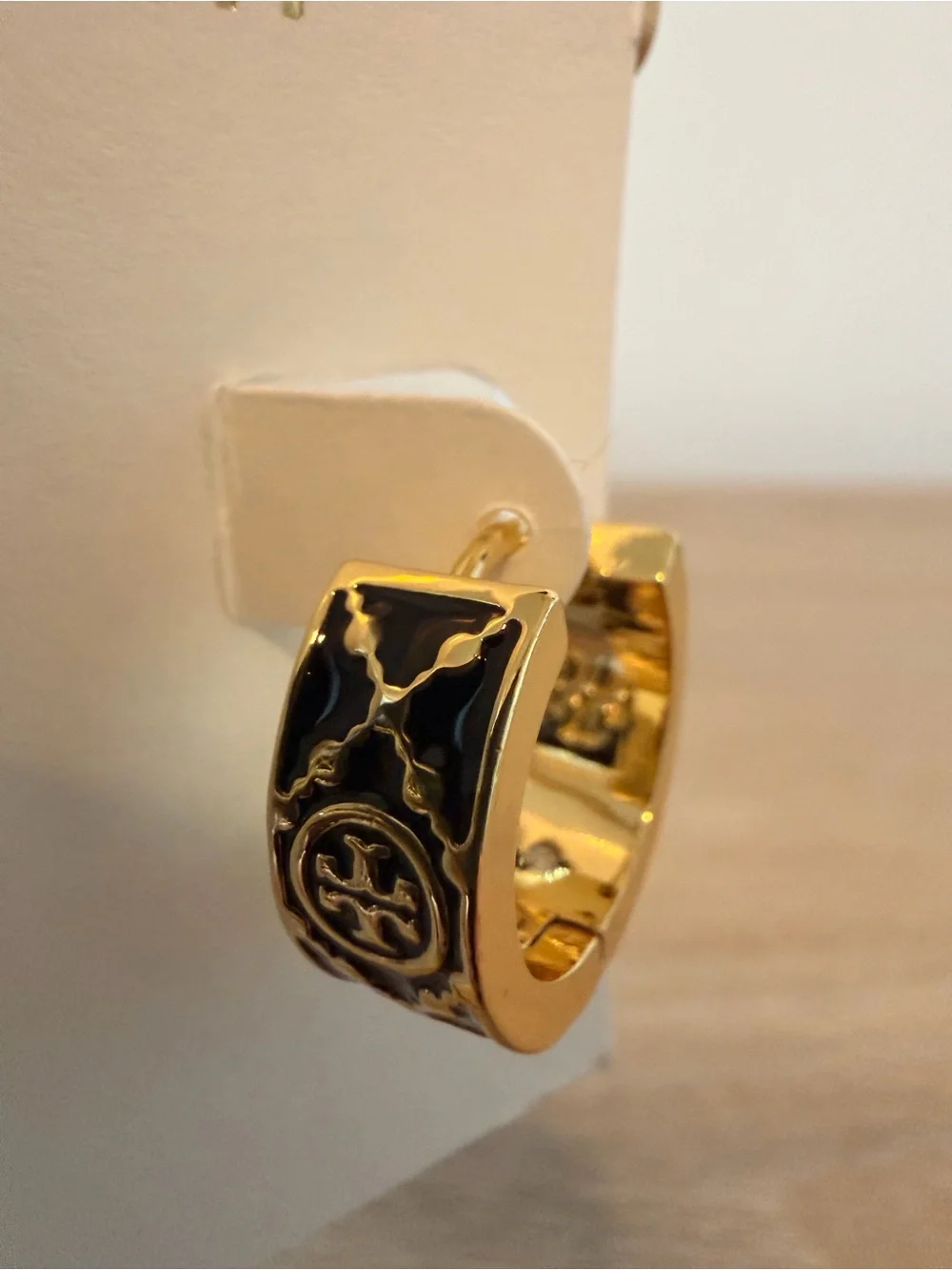 Tory Burch Kira Black Enamel Logo Huggie Hoop Earrings Gold Tone